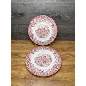 Wedgwood Queen's Ware Dinner Plate Romantic England Moreton Old Hall Pink~2 Pc